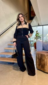 Conjunto feminino de inverno com jaqueta bomber e calça pantalona Brenda, na cor cinza escuro