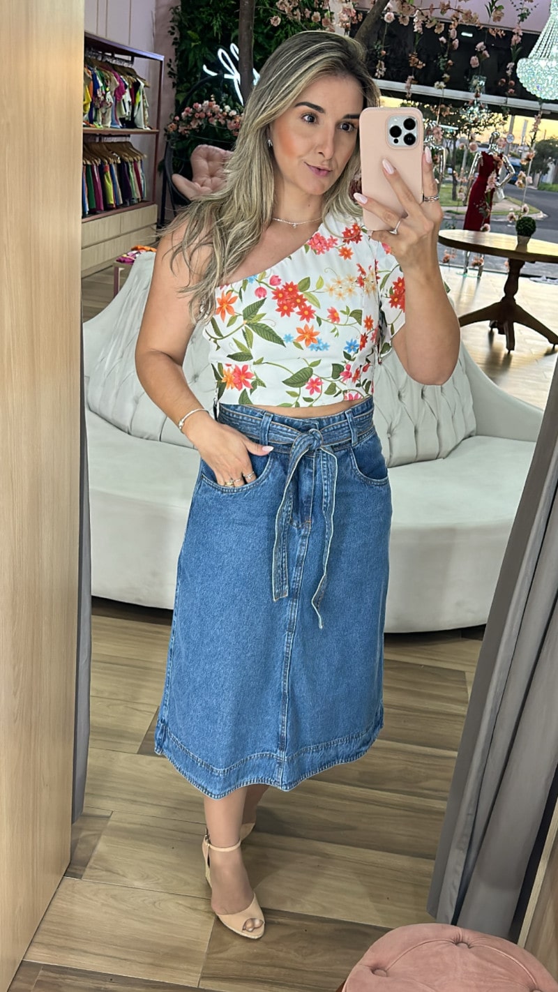 Saia midi jeans de botão sales