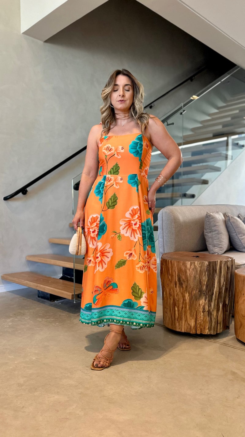 Vestido Midi Viscose Com Alcinha De Amarrar