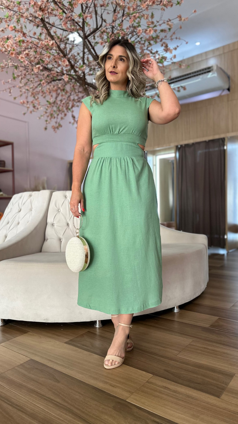 Vestido Linho Gola Alta Midi Kayle