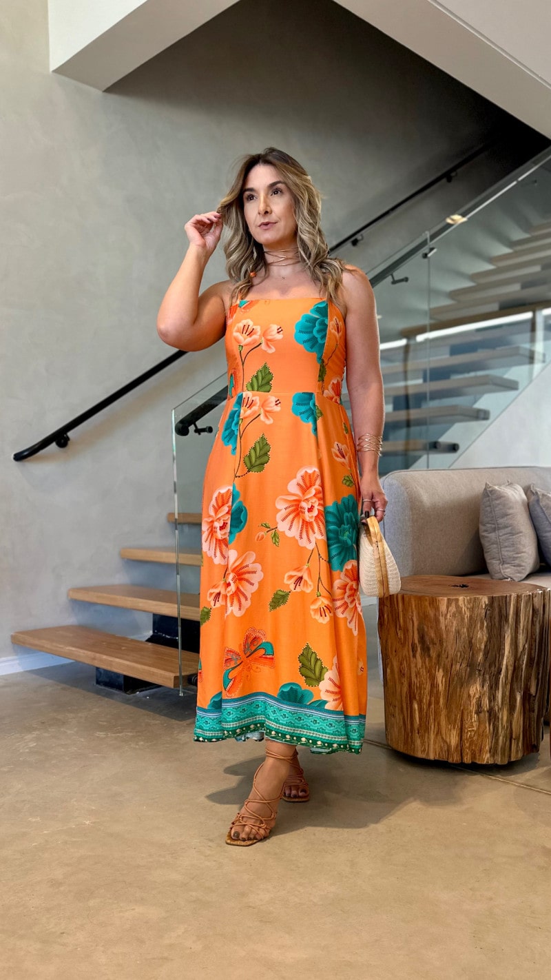 Vestido Midi Viscose Com Alcinha De Amarrar