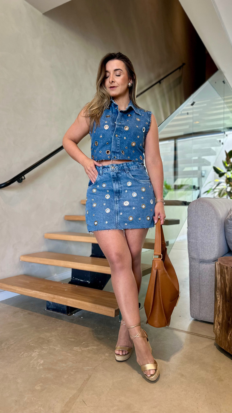 Saia Jeans Com Aplicação Lari