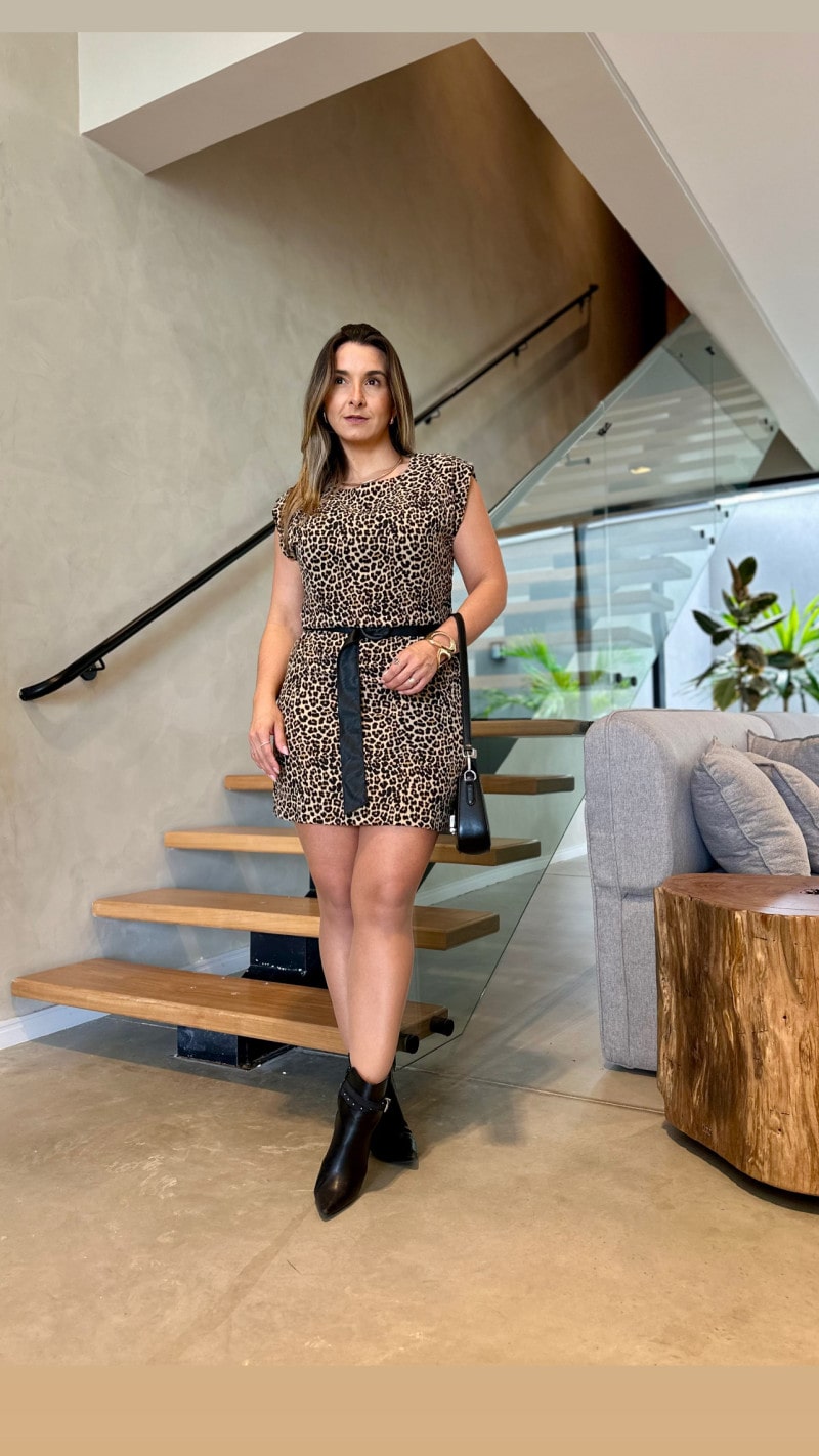 Vestido Curto Com Cinto Animal Print