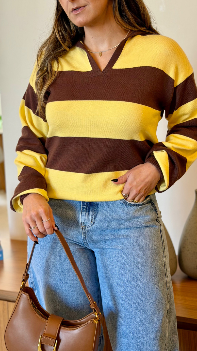Blusa Tricot Manga Longa Flávia Cores-Marrom/Amarelo-Tamanho Único