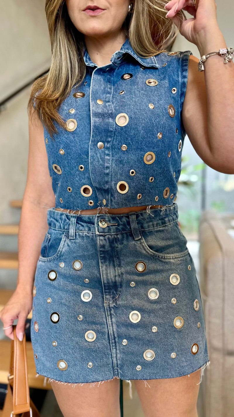 Saia Jeans Com Aplicação Lari
