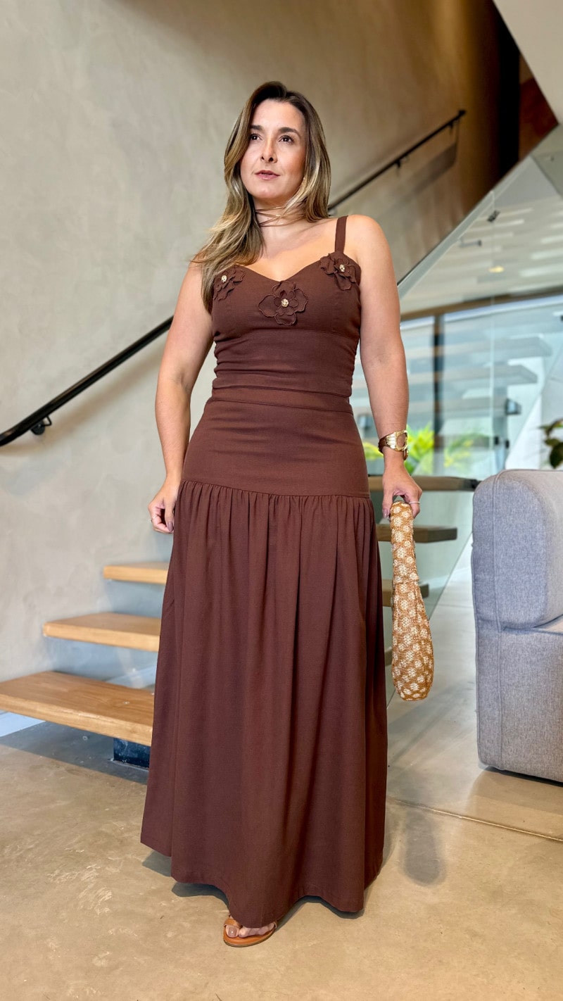 Conjunto Cropped E Saia Longa Linho Bianca