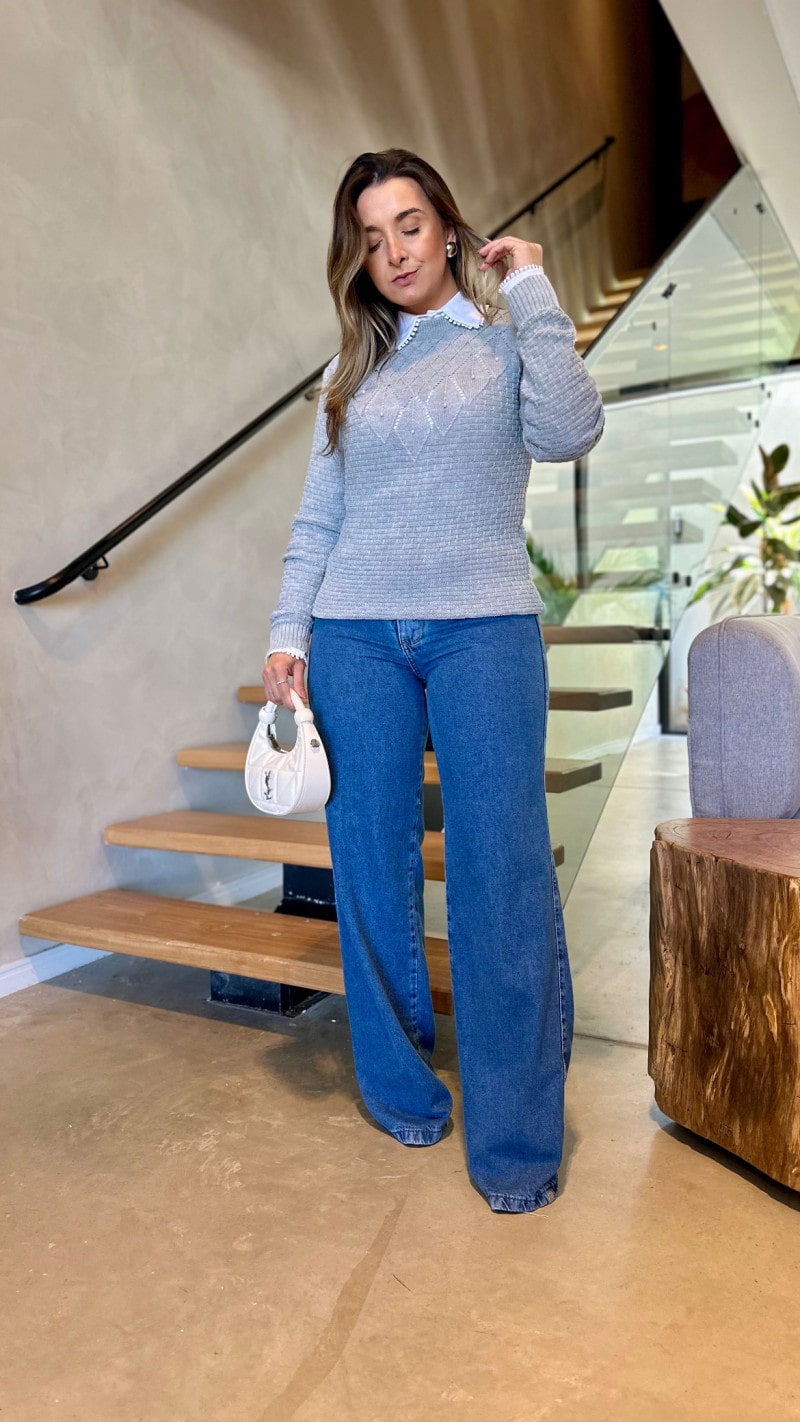Blusa Manga Longa Tricot Detalhe Perolas
