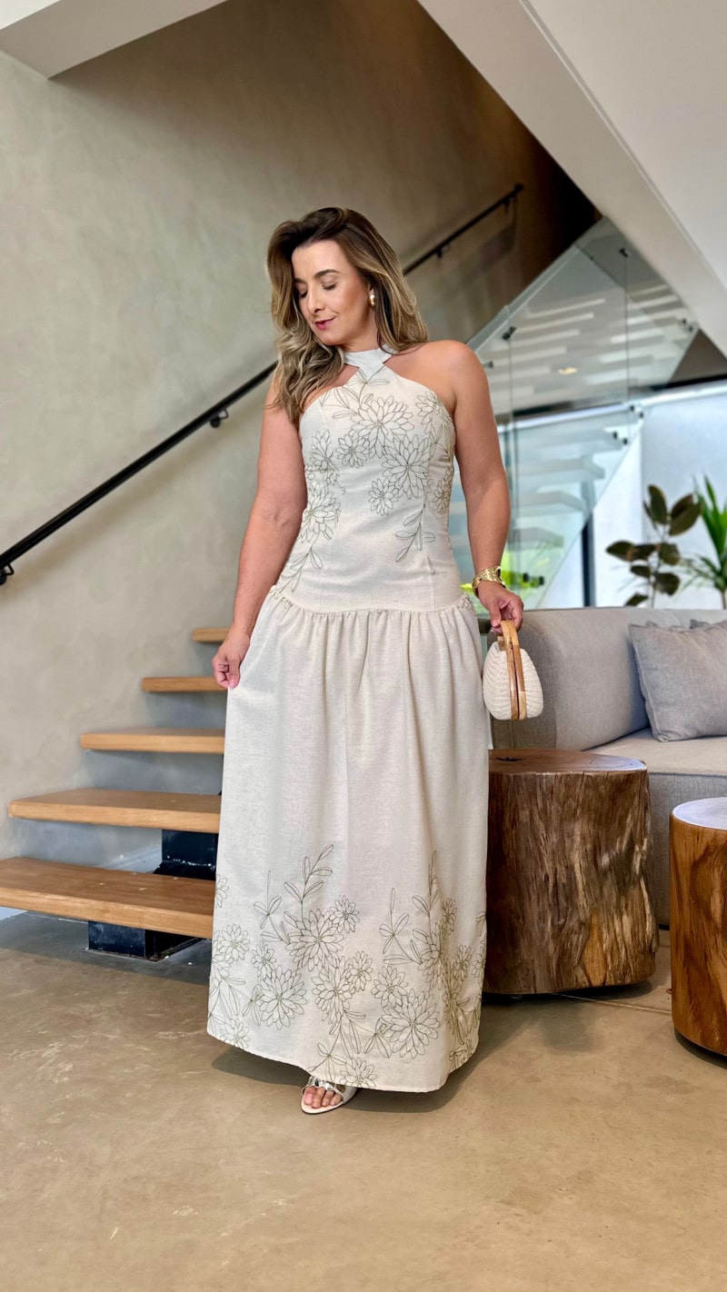 Vestido Longo Gola Alta Linho Bordado
