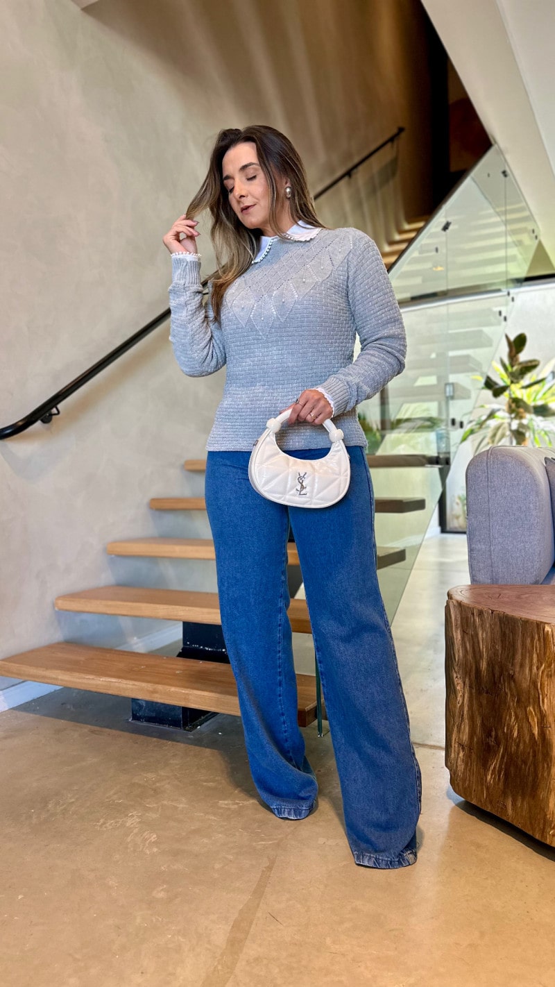Blusa Manga Longa Tricot Detalhe Perolas