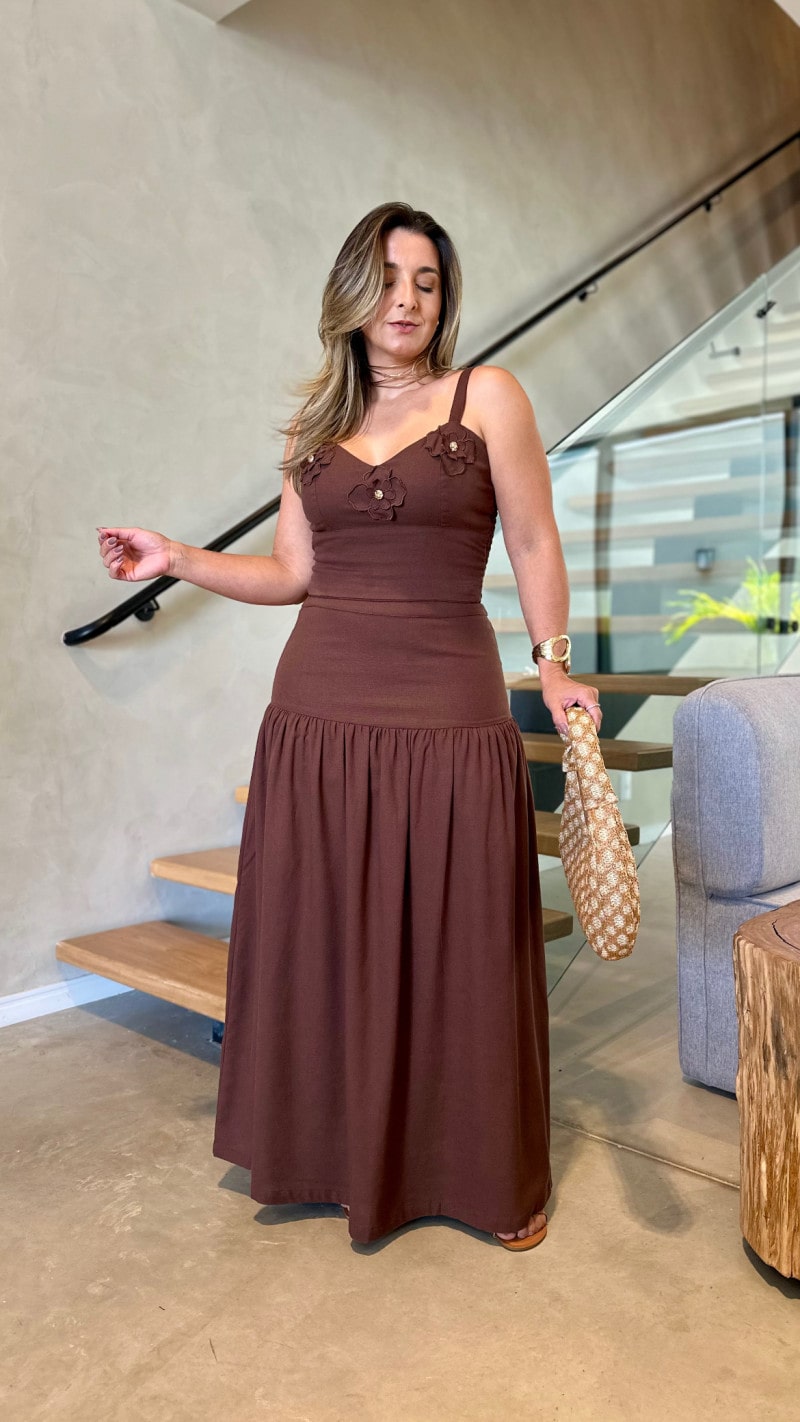 Conjunto Cropped E Saia Longa Linho Bianca