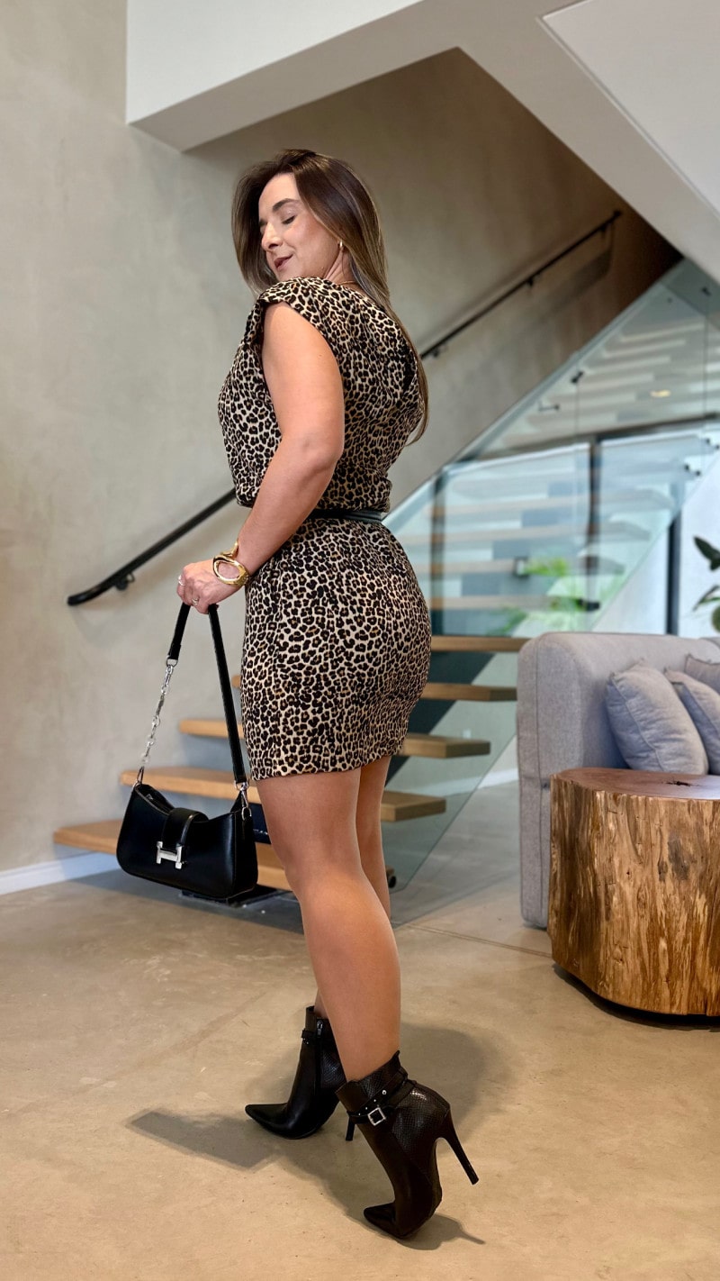 Vestido Curto Com Cinto Animal Print