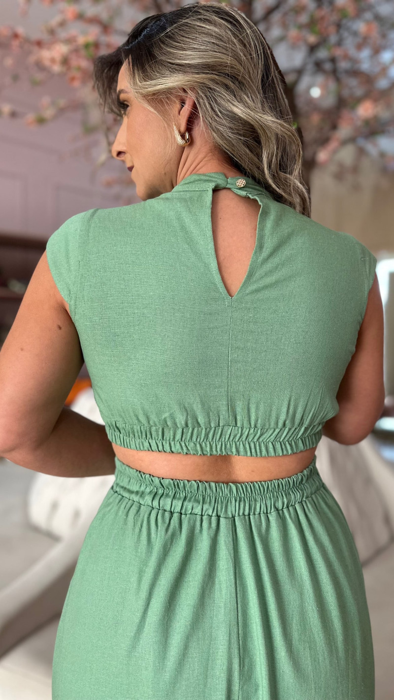 Vestido Linho Gola Alta Midi Kayle