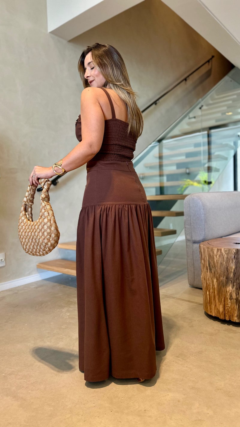 Conjunto Cropped E Saia Longa Linho Bianca