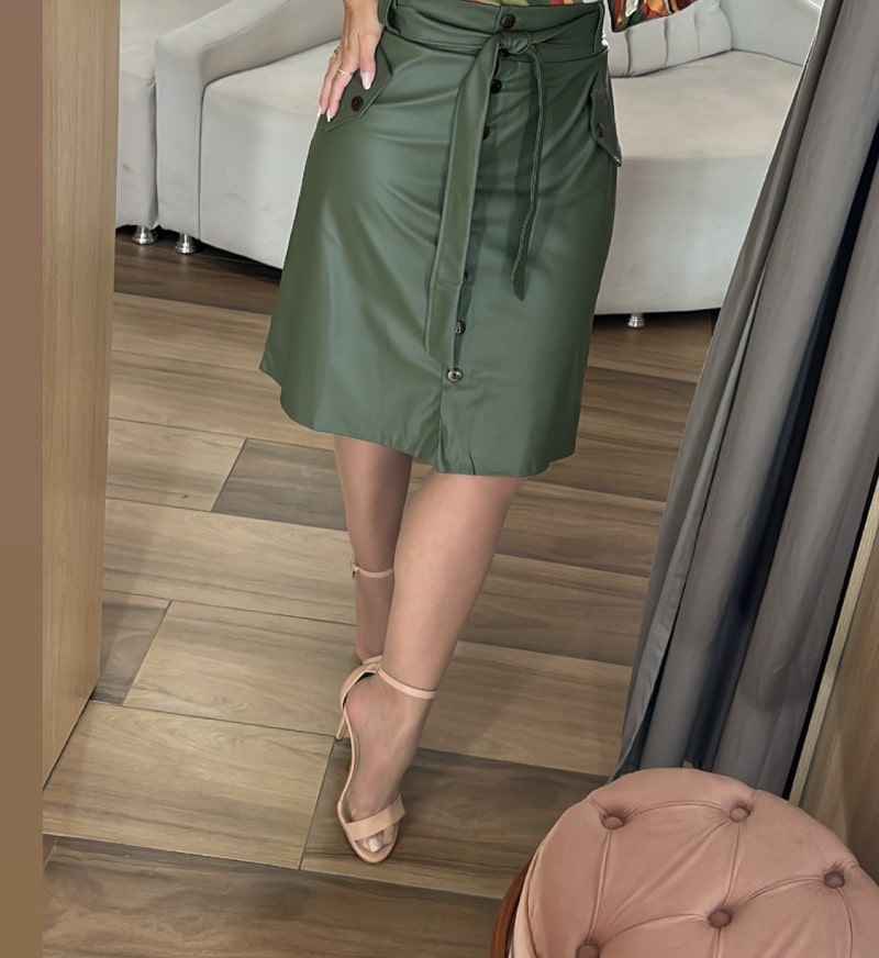 Saia Couro Lina Verde Militar G Daniele Fazan
