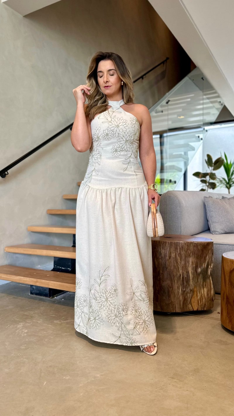 Vestido Longo Gola Alta Linho Bordado