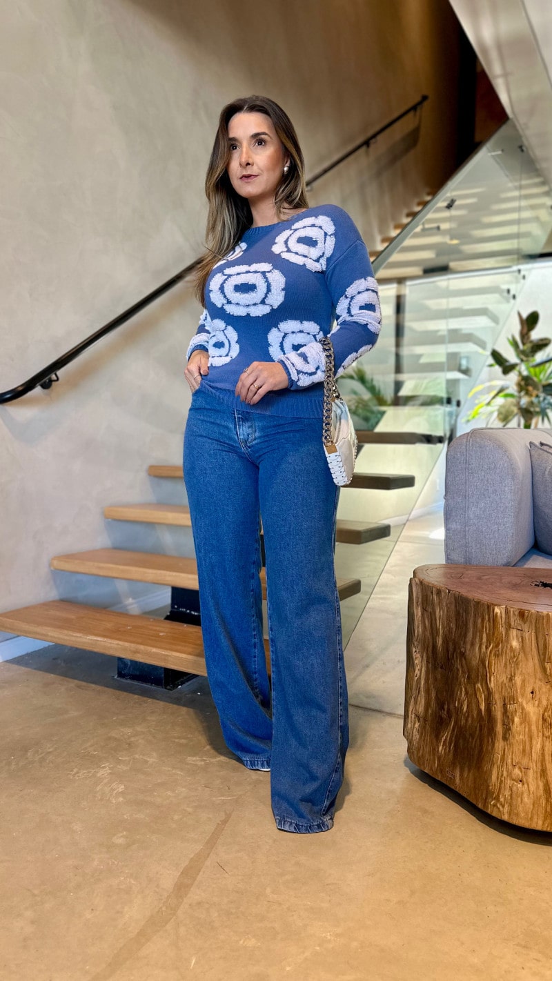Blusa Manga Longa Tricot Sobreposição Em Flores