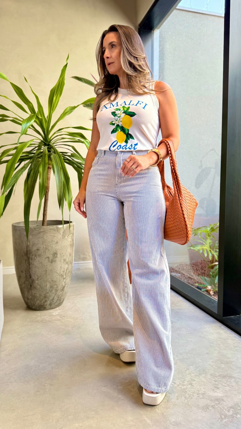 Calça Wide Leg Listrada