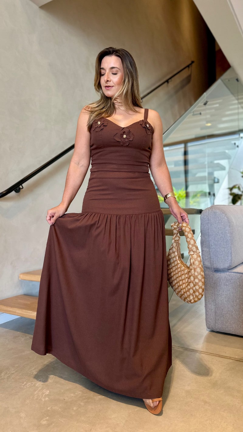 Conjunto Cropped E Saia Longa Linho Bianca