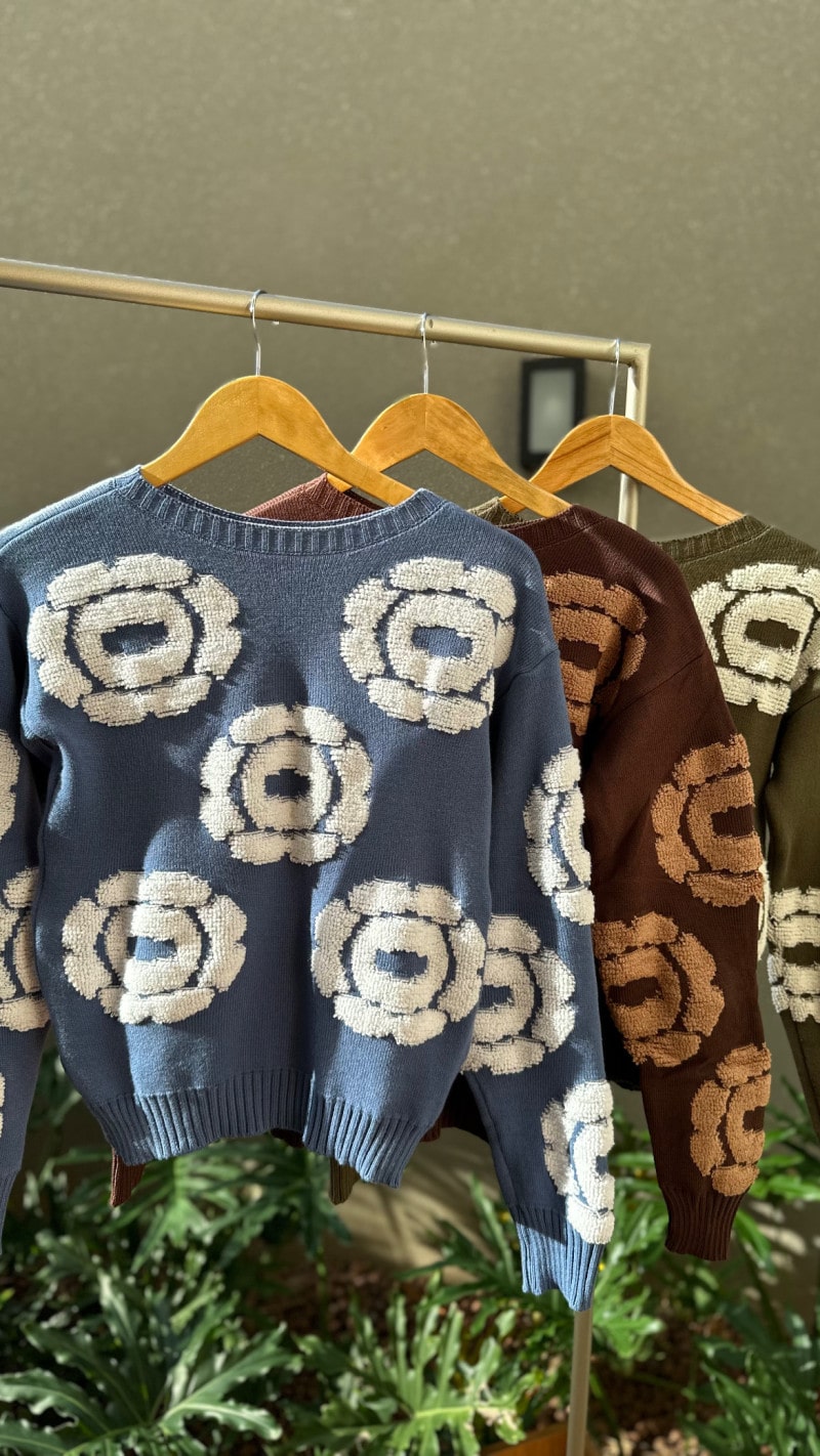 Blusa Manga Longa Tricot Sobreposição Em Flores