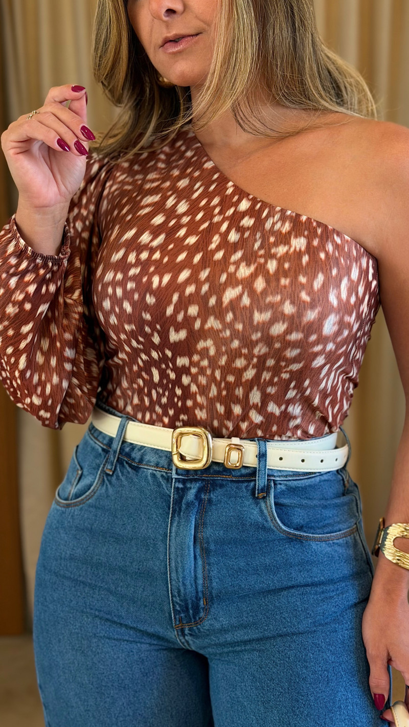 Body Nula Manga Olívia-Animal Print-Tamanho Único