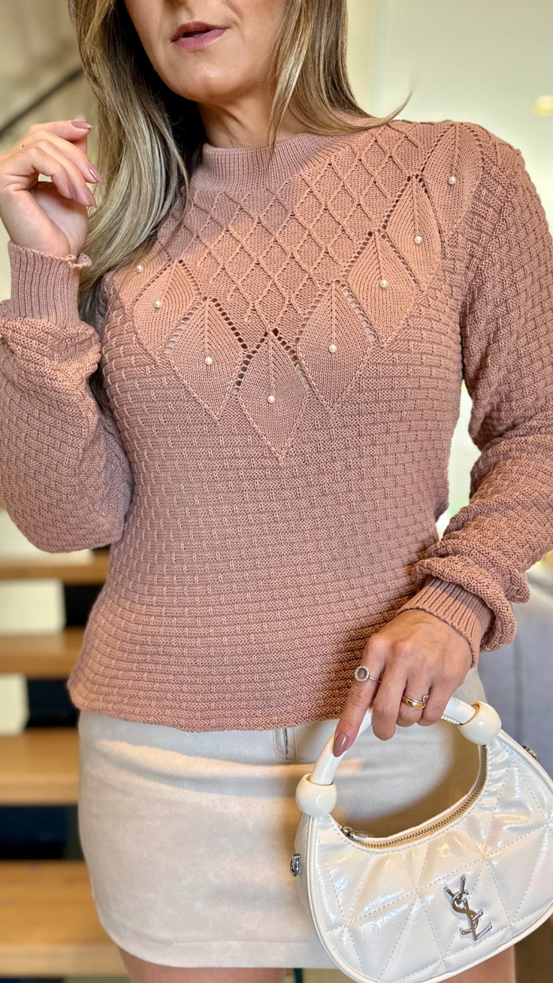 Blusa Manga Longa Tricot Detalhe Perolas