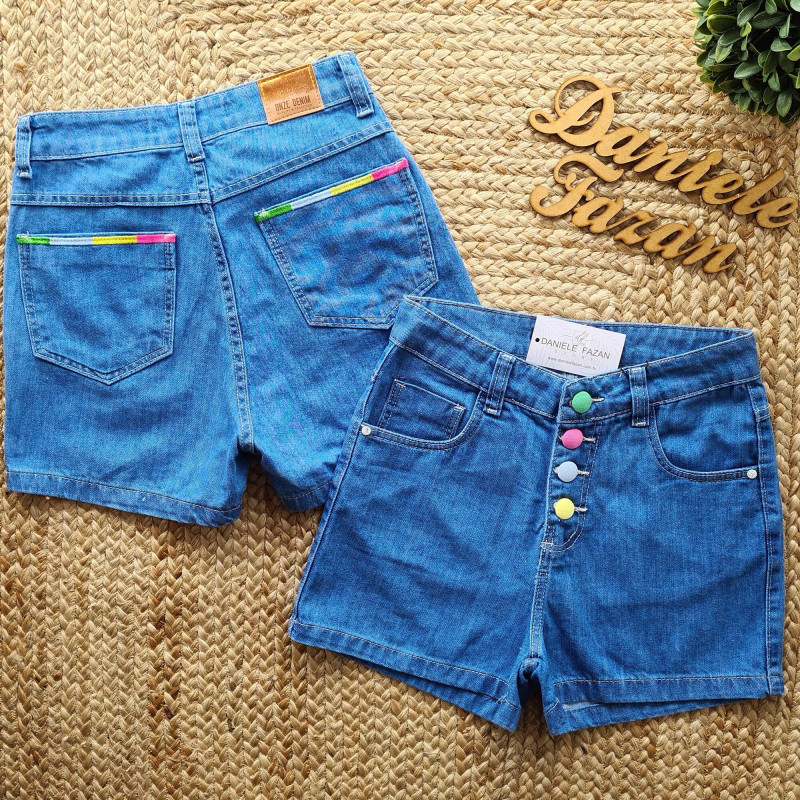 Short Jeans Botões Colorido