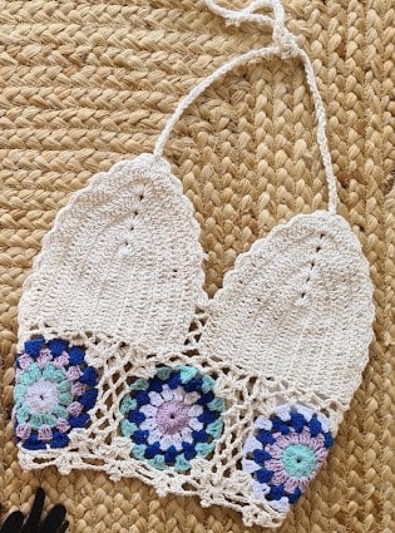 Top Crochê Flor -Azul/Branco-Tamanho Único