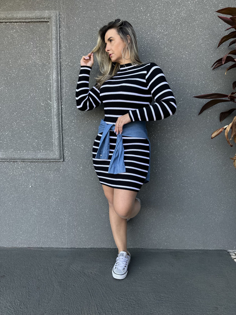 Vestido Listrado Manga Longa 