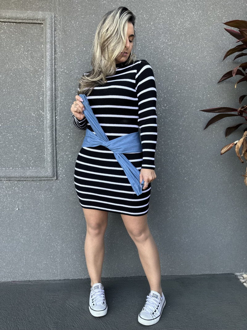 Vestido Listrado Manga Longa 