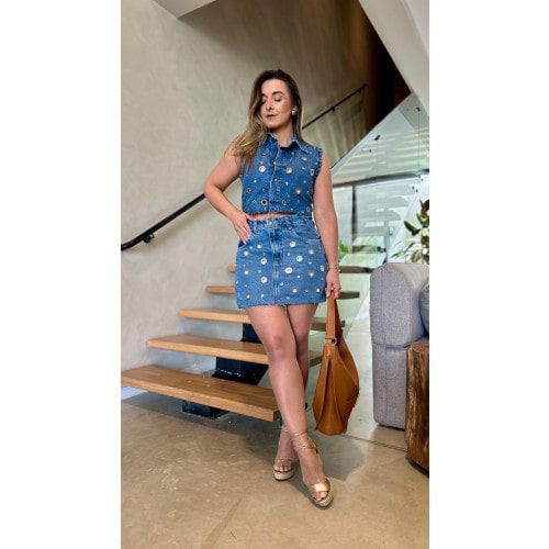 Saia Jeans Com Aplicação Lari
