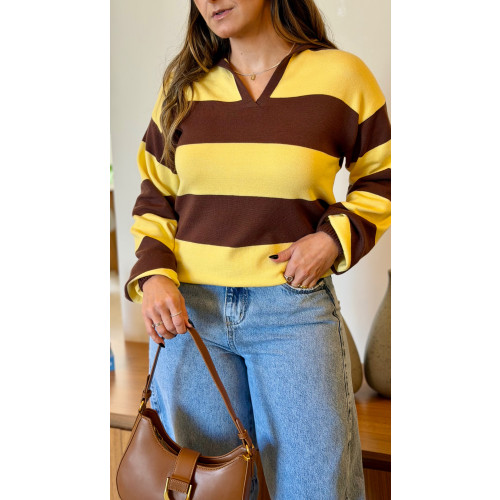 Blusa Tricot Manga Longa Flávia Cores-Marrom/Amarelo-Tamanho Único