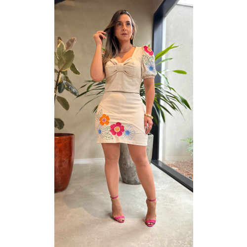 Conjunto Cropped E Saia Linho Carla