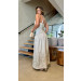 Vestido Longo Gola Alta Linho Bordado