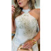 Vestido Longo Gola Alta Linho Bordado